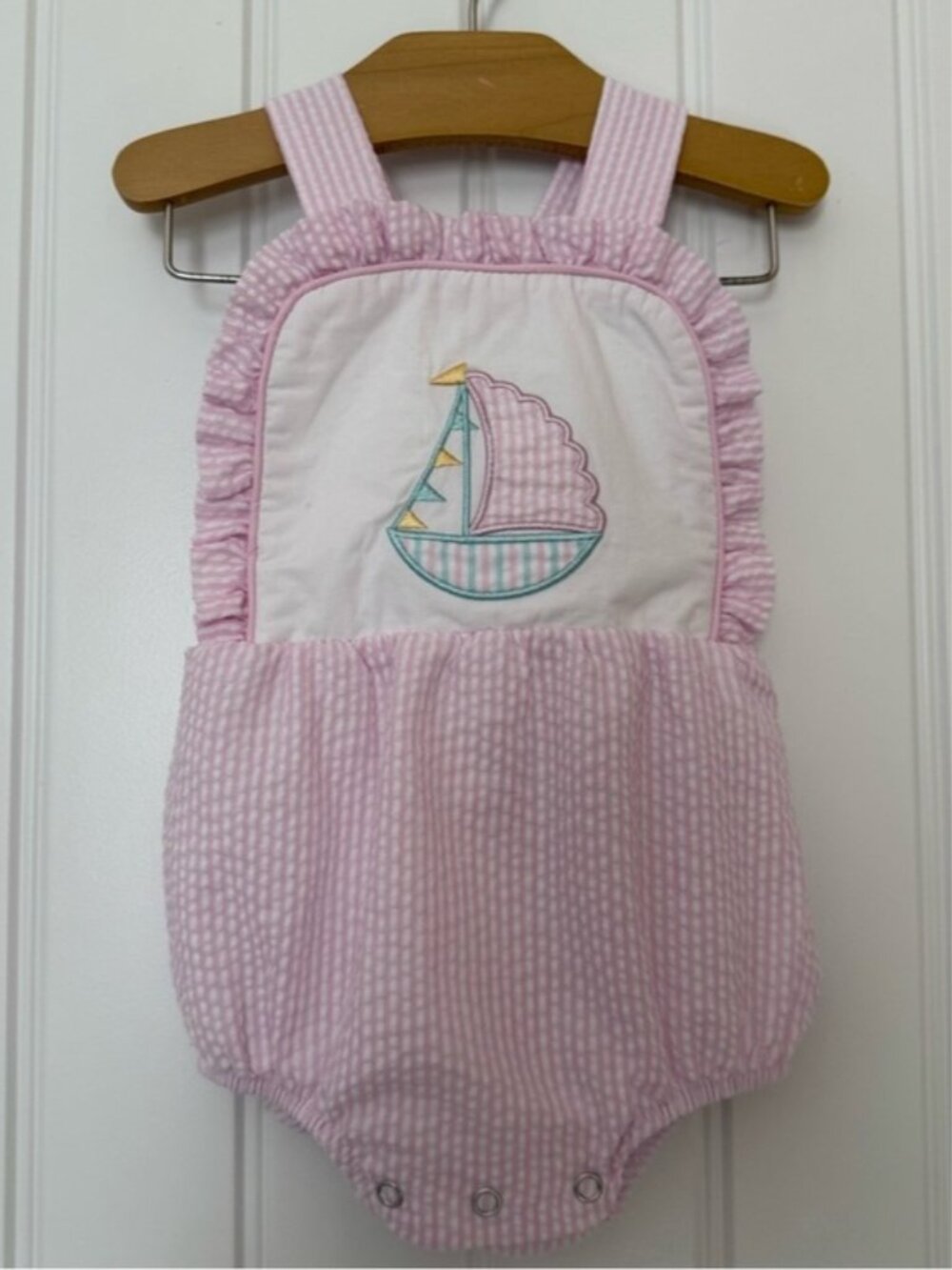 Pink Seersucker Sailboat Bubble Romper Size 3M